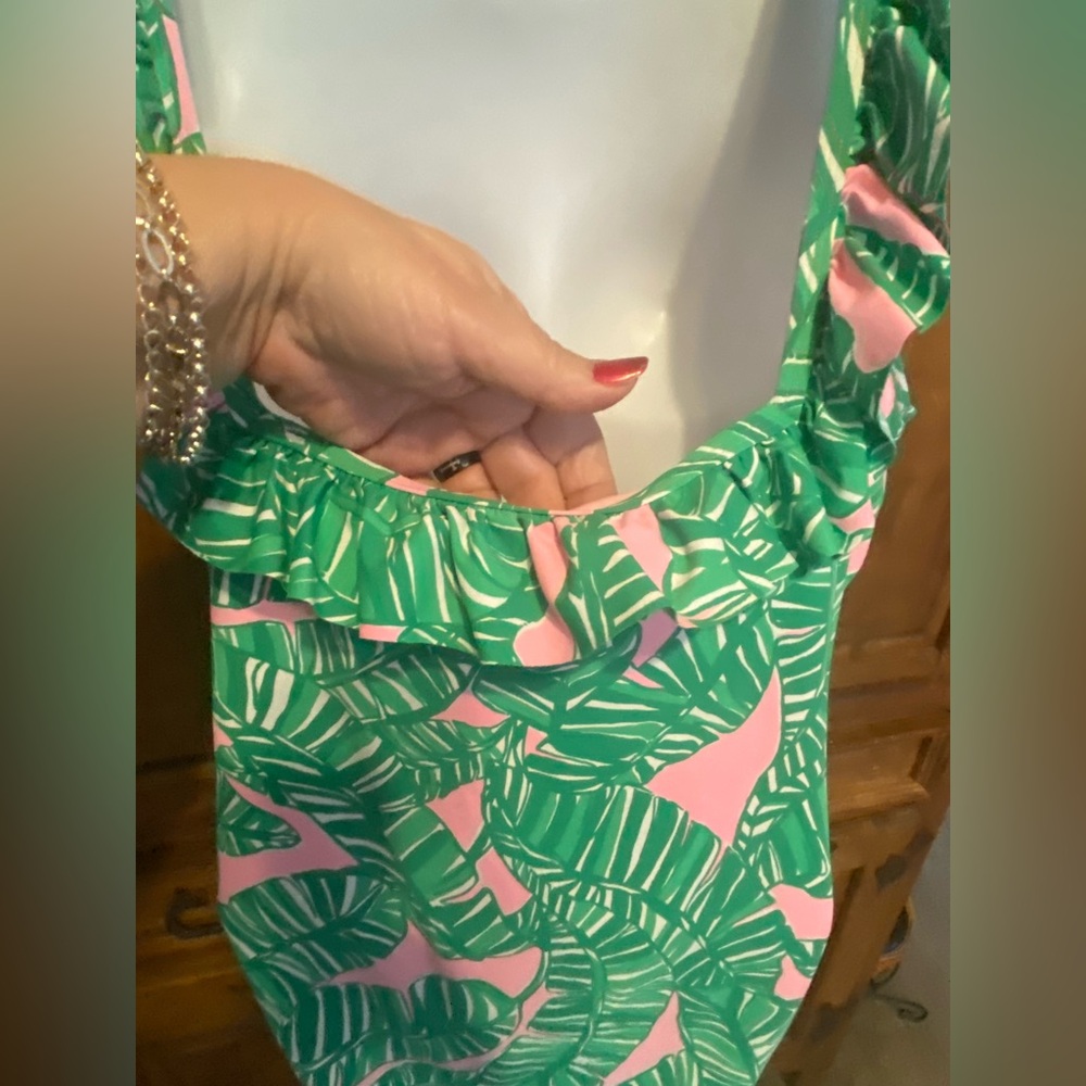 Lilly Pulitzer Green Palm Leaf One-Piece Swimsuit with Pink Accents - Picture 8 of 12